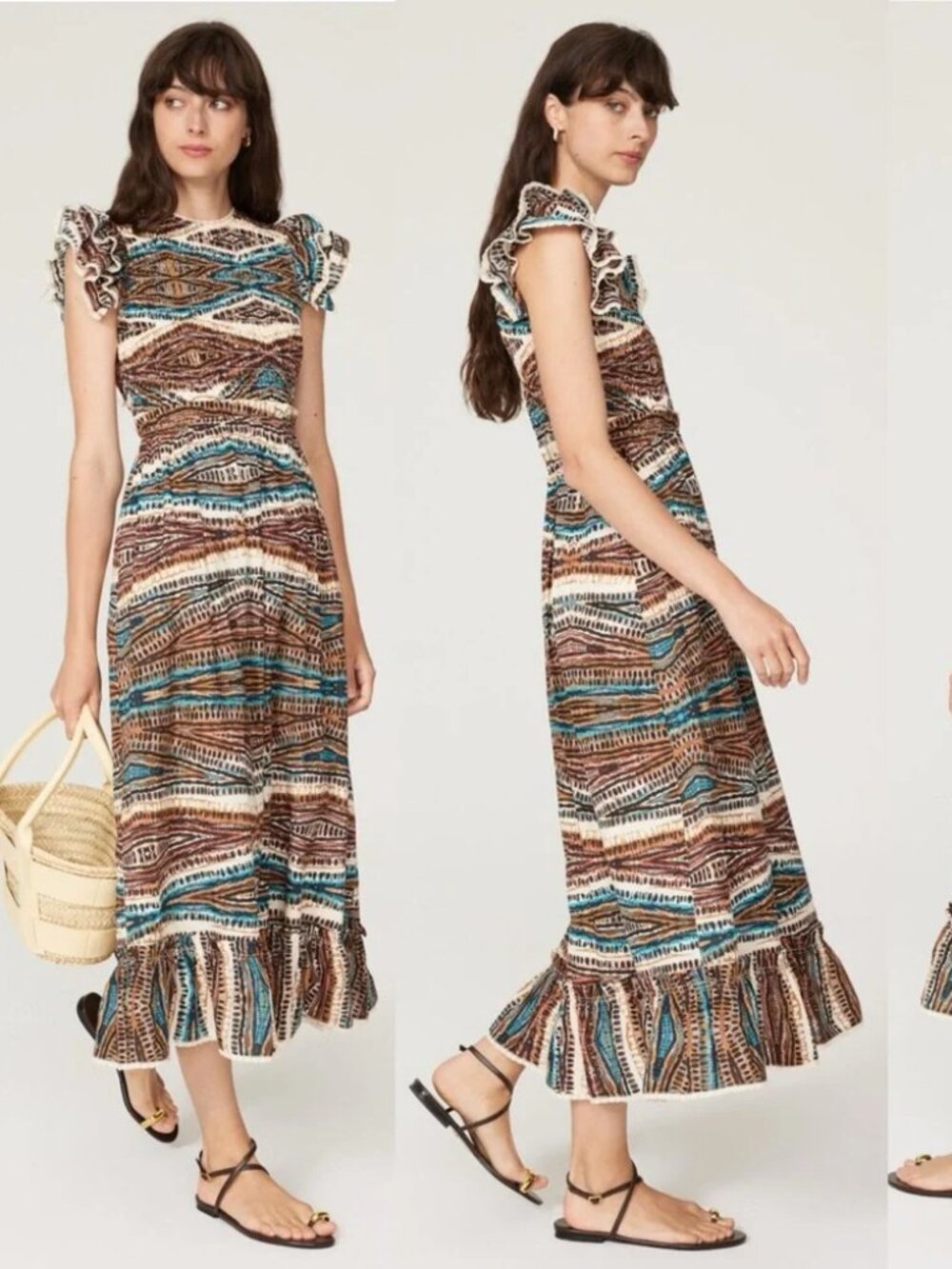 HUNTER BELL Hayward Midi Dress ZigZag Smocked Stretch Cotton Flutter Sleeve maxi